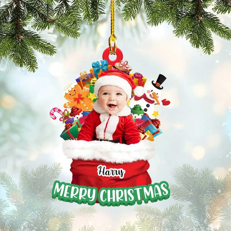 Custom Baby Photo First Christmas Santa Claus In Christmas Bag Acrylic Ornament, 1st Christmas Gift For Family, Baby