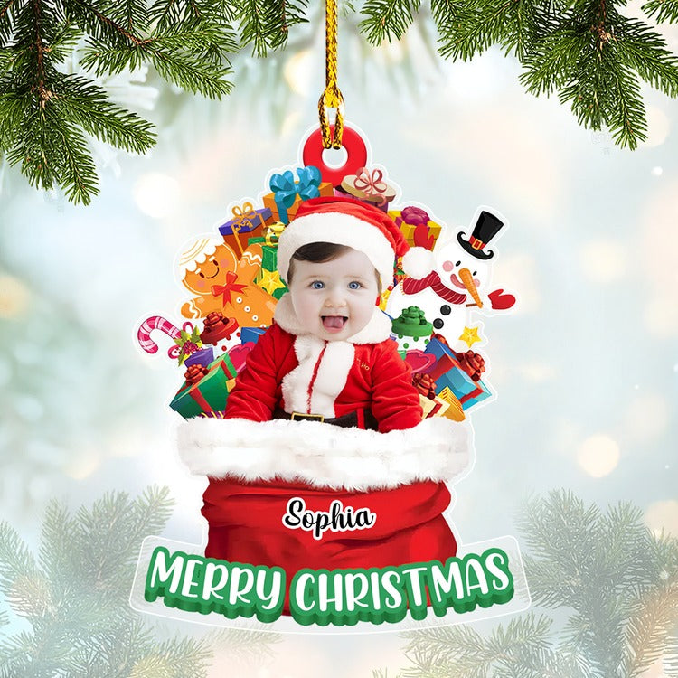 Custom Baby Photo First Christmas Santa Claus In Christmas Bag Acrylic Ornament, 1st Christmas Gift For Family, Baby