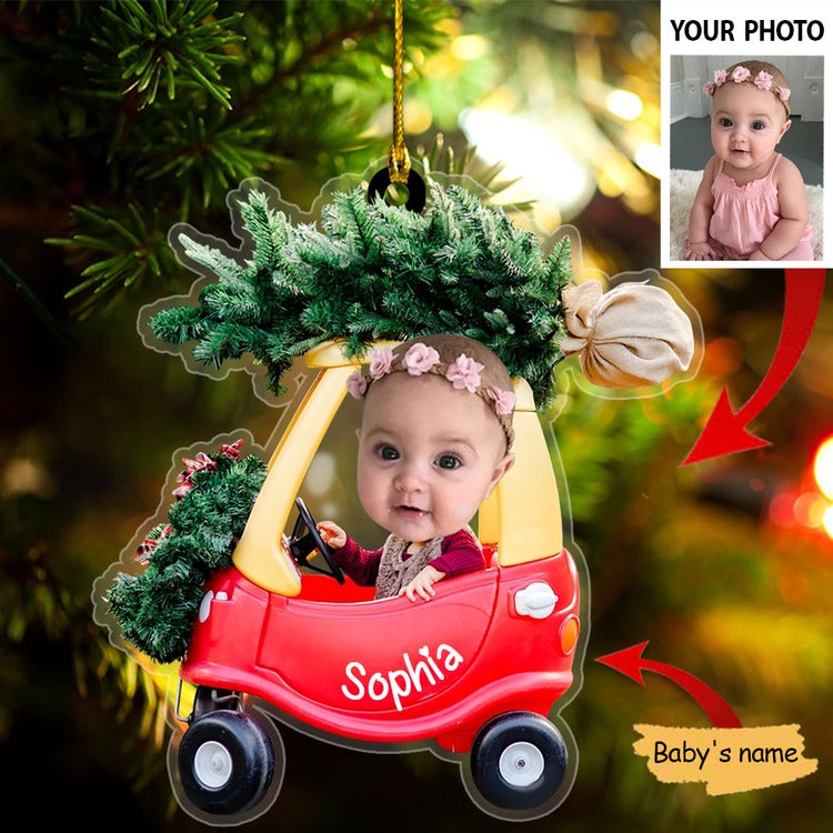 Custom Baby Photo Driving Car Ornament Christmas Pine Tree Acrylic Ornament, Christmas Gift For Baby, Son, Daughter, Mom Dad