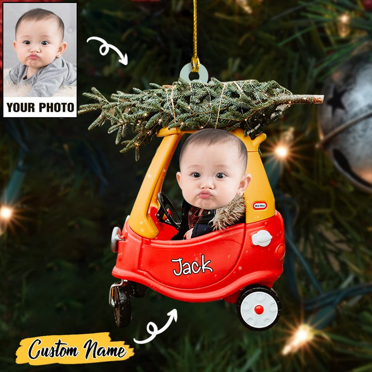 Custom Face Photo Baby Cute And Christmas Tree On Car With Name Acrylic Ornament, 1st Christmas Ornament Gift For Baby Mom Dad