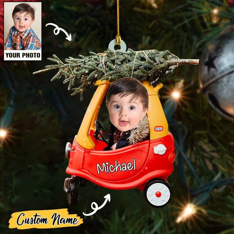 Custom Face Photo Baby Cute And Christmas Tree On Car With Name Acrylic Ornament, 1st Christmas Ornament Gift For Baby Mom Dad