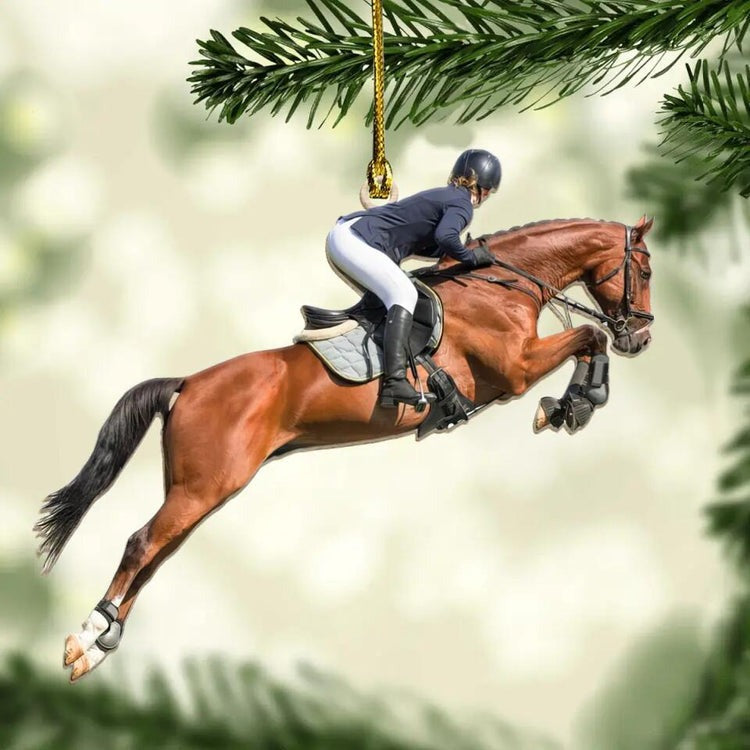 Personalized Young Woman Horseback Jumping Acrylic Ornament, Custom Christmas Ornament Gift For Horseback Lovers
