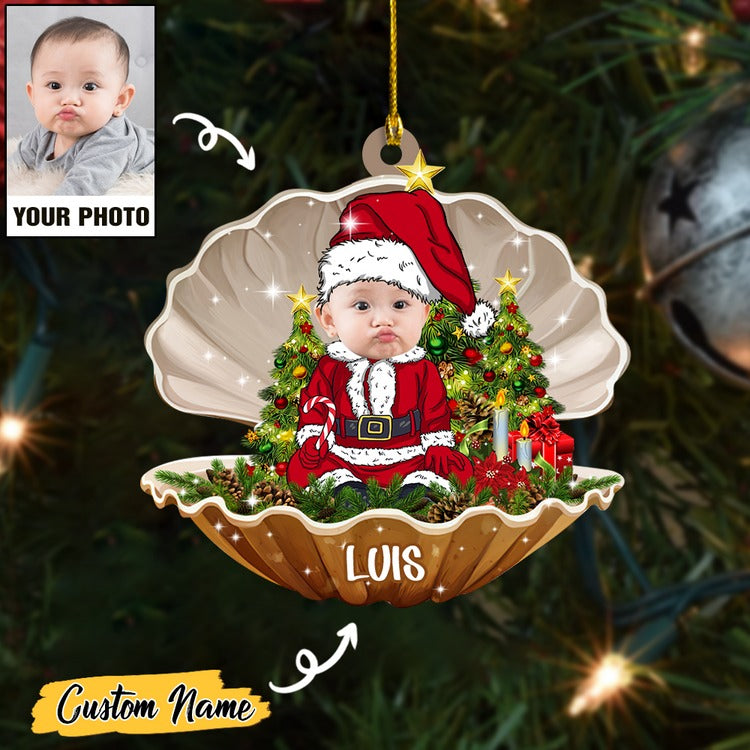 Custom Baby Face Photo Santa In Seashell With Name Acrylic Ornament, Best 1st Christmas Ornament Gift For Baby Mom Dad Family