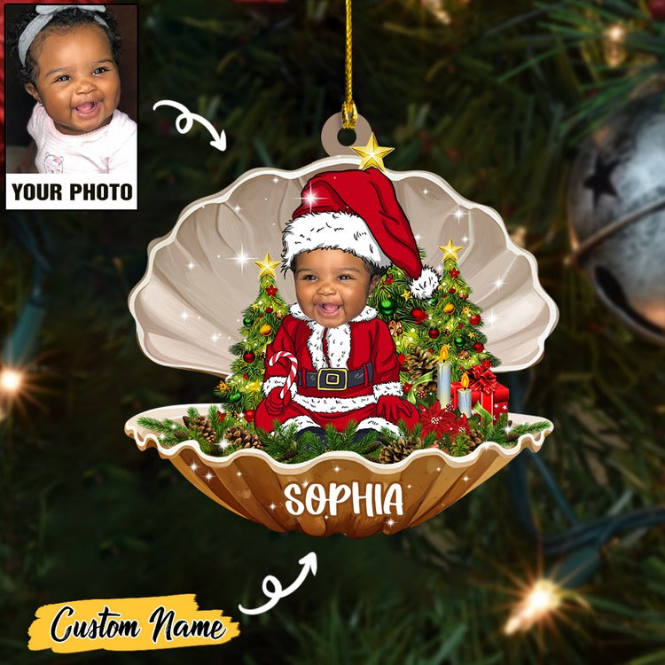 Custom Baby Face Photo Santa In Seashell With Name Acrylic Ornament, Best 1st Christmas Ornament Gift For Baby Mom Dad Family