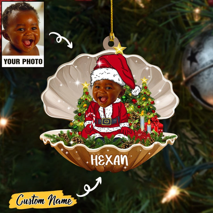 Custom Baby Face Photo Santa In Seashell With Name Acrylic Ornament, Best 1st Christmas Ornament Gift For Baby Mom Dad Family