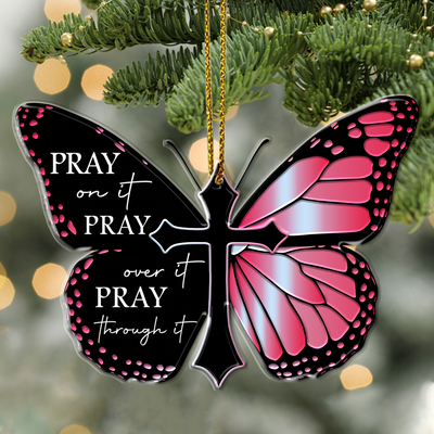 Pink Monarch Butterfly Pray Christian Cross Acrylic Ornament, Perfect Christmas Gift For Family, Friends