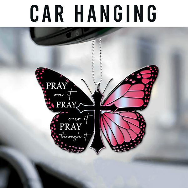 Pink Monarch Butterfly Pray Christian Cross Acrylic Ornament, Perfect Christmas Gift For Family, Friends