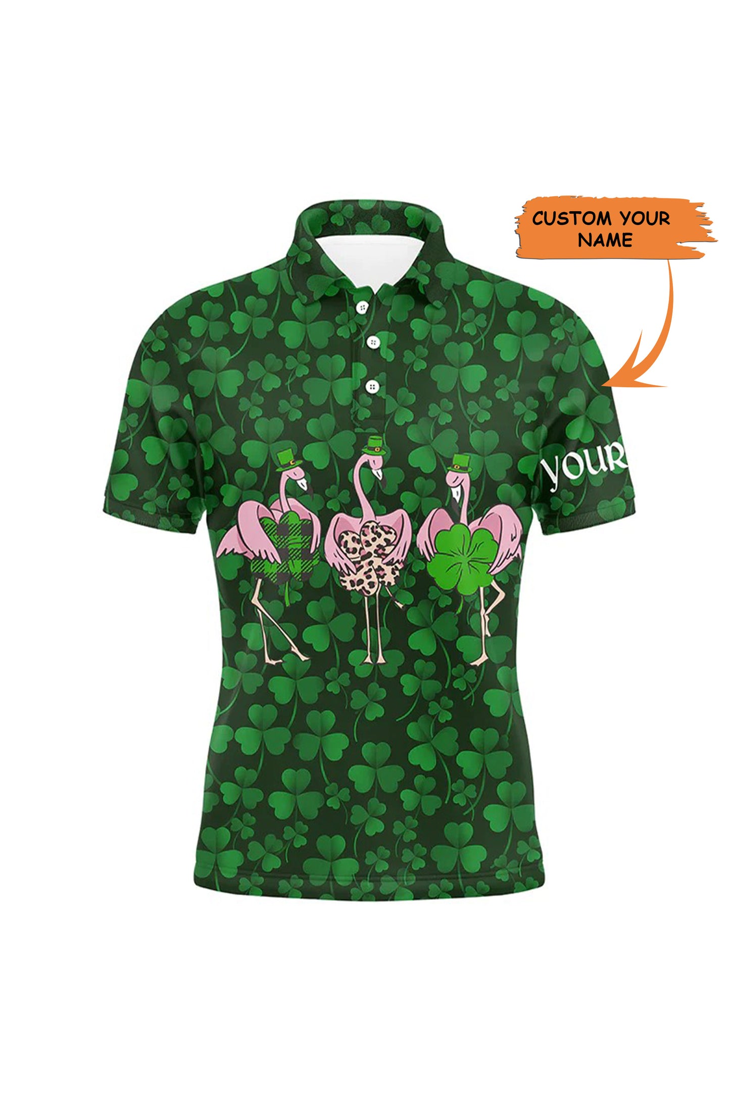 Golf Men Polo Shirt - Funny Custom Name Green Clover St Patrick's Day Background Flamingo Apparel - Personalized Sports Gift For Golf Lover, Male