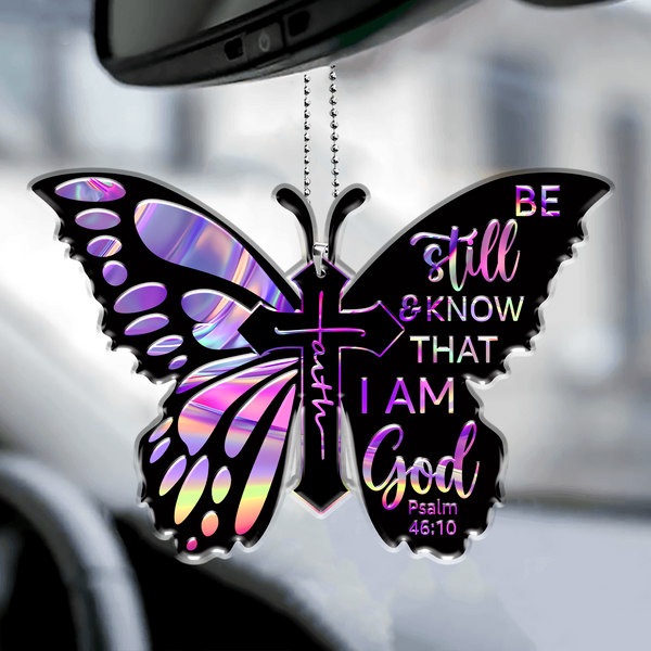Colorful Butterfly Cross Faith I Am God Acrylic Car Ornament, Perfect Christmas Gift For Family, Friends