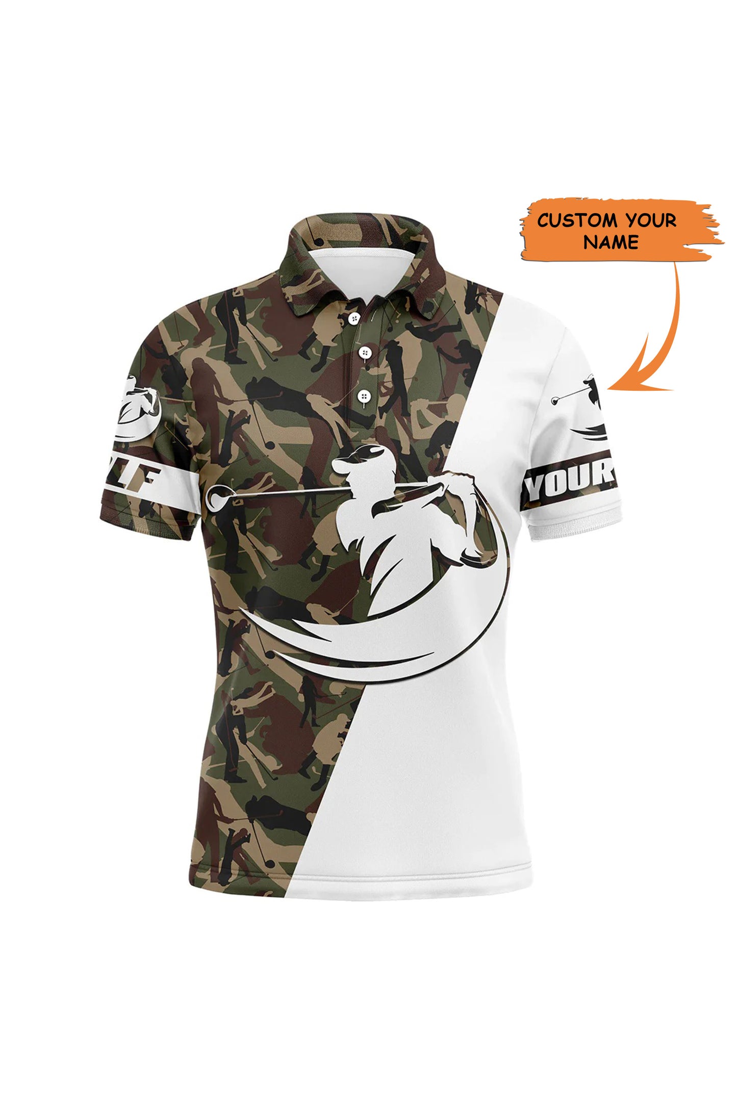 Golf Men Polo Shirt - Custom Name White And Camo Apparel - Personalized Sports Gift For Golf Lover, Male, Husband, Boyfriend