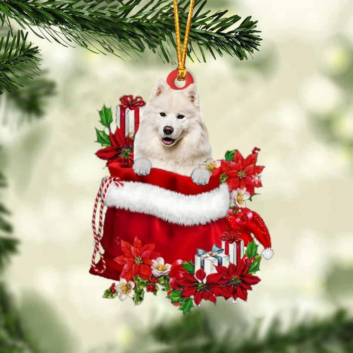 Personalized Samoyed In Red Gift Bag Acrylic Ornament, Custom Christmas Gift For Dog Lovers, Dog Mom