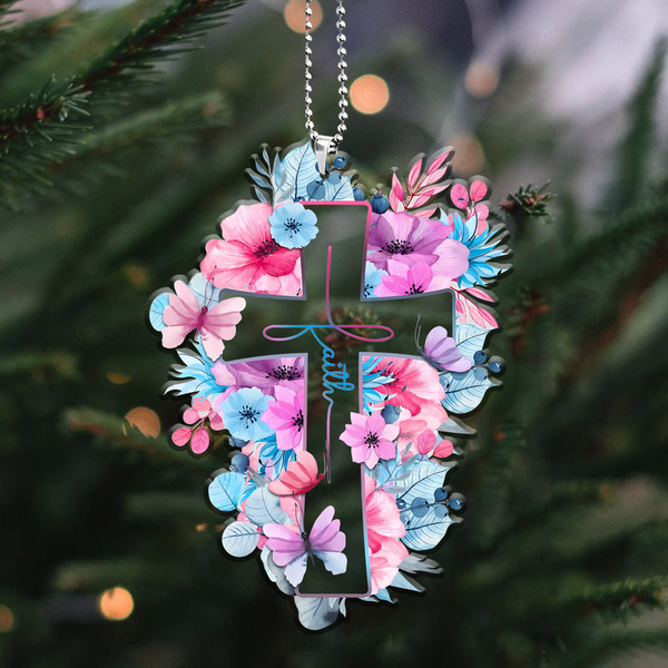 Pink Blue Floral Cross Faith Acrylic Car Ornament, Perfect Christmas Gift For Family, Friends, Holiday Decor