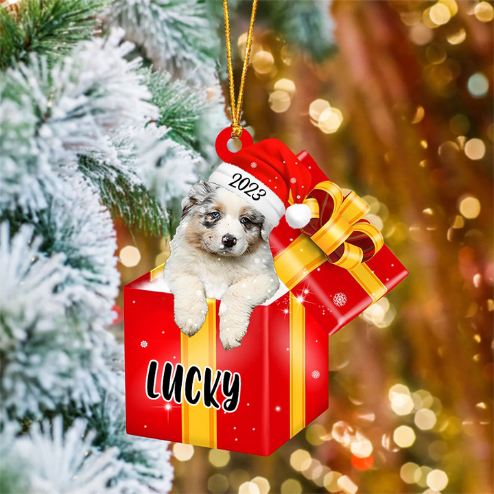Customized Australian Shepherd In Red Gift Box Acrylic Ornament, Custom Gifts For Christmas