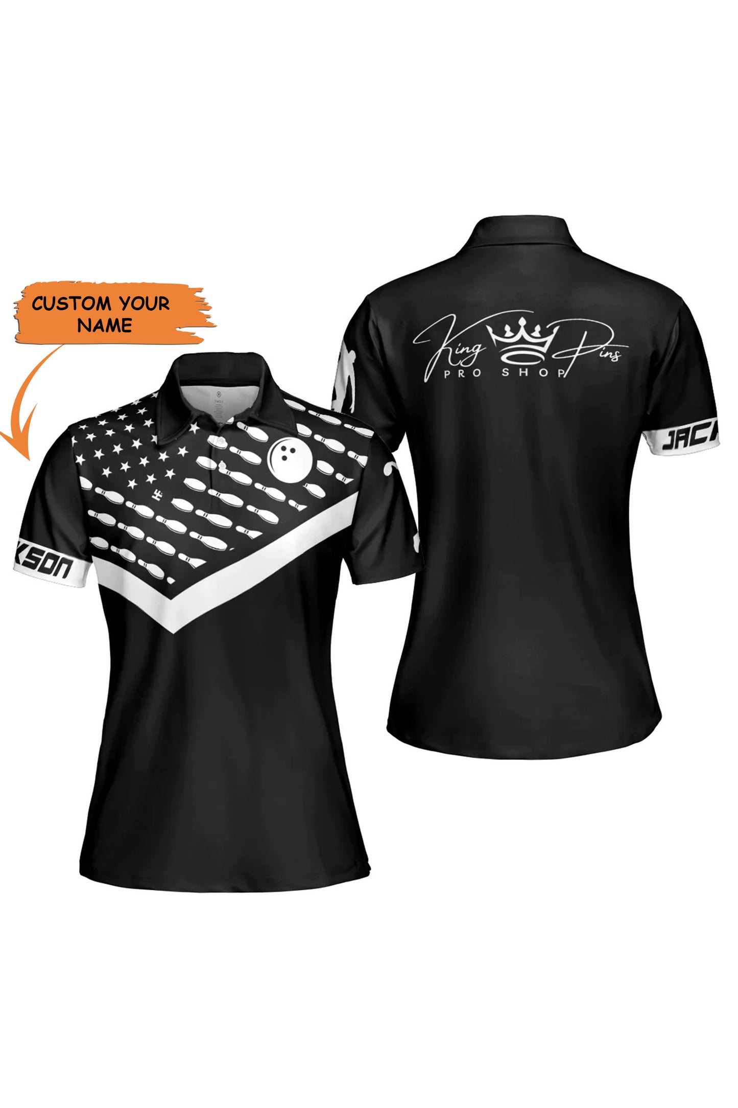 Personalized Bowling Pattern American Flag Women Polo Shirt, King Pins Pro Shop Custom Short Sleeve Shirt For Female