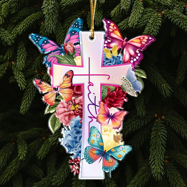 Flowers Faith Cross Butterflies Acrylic Ornament, Perfect Christmas Gift For Family, Friends