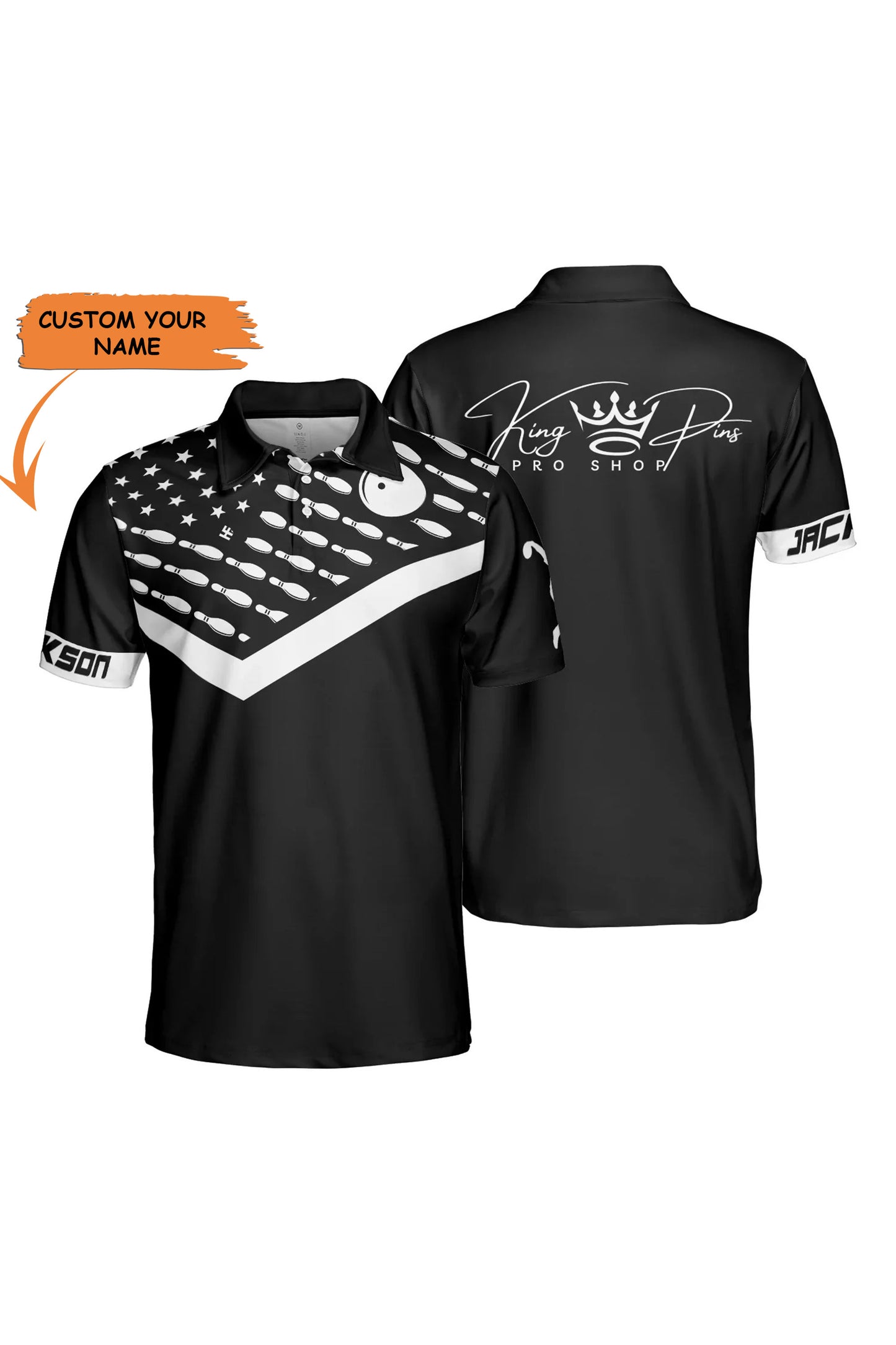 Personalized Bowling Pattern American Flag Men Polo Shirt, King Pins Pro Shop Custom Short Sleeve Shirt For Male
