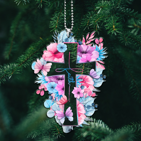 Pink Blue Floral Cross Faith Acrylic Car Ornament, Perfect Christmas Gift For Family, Friends, Holiday Decor