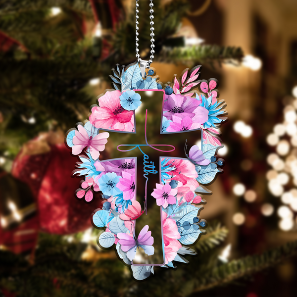 Pink Blue Floral Cross Faith Acrylic Car Ornament, Perfect Christmas Gift For Family, Friends, Holiday Decor