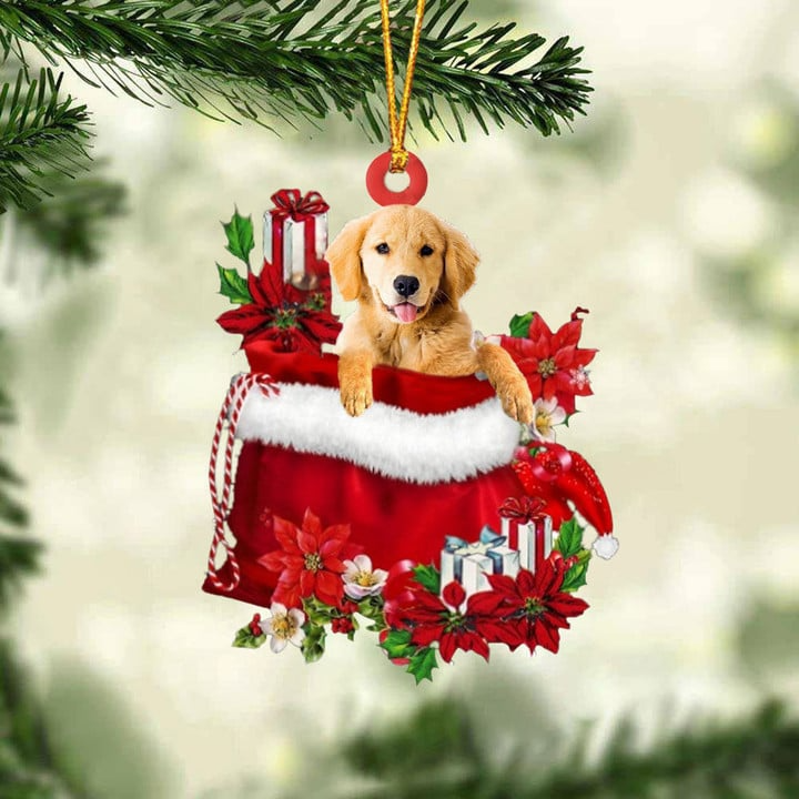 Customized Golden Retriever In Red Gift Bag Acrylic Christmas Ornament, Christmas Gift For Dog Lovers, Dog Mom