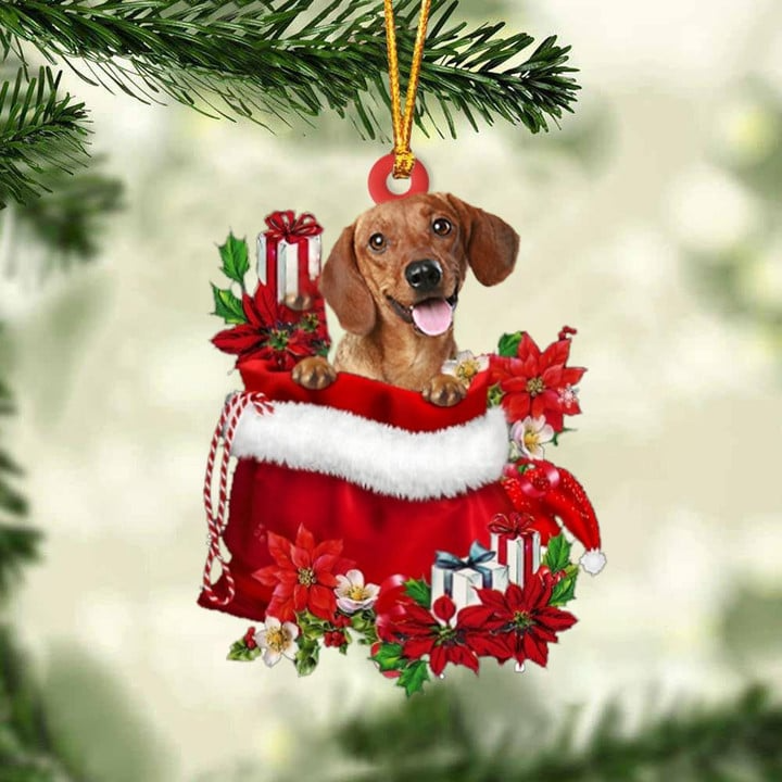 Customized Dachshund Dog In Red Gift Bag Acrylic Ornament, Christmas Gift For Dog Lovers, Dog Mom