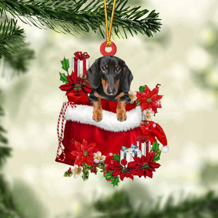 Customized Dachshund Dog In Red Gift Bag Acrylic Ornament, Christmas Gift For Dog Lovers, Dog Mom