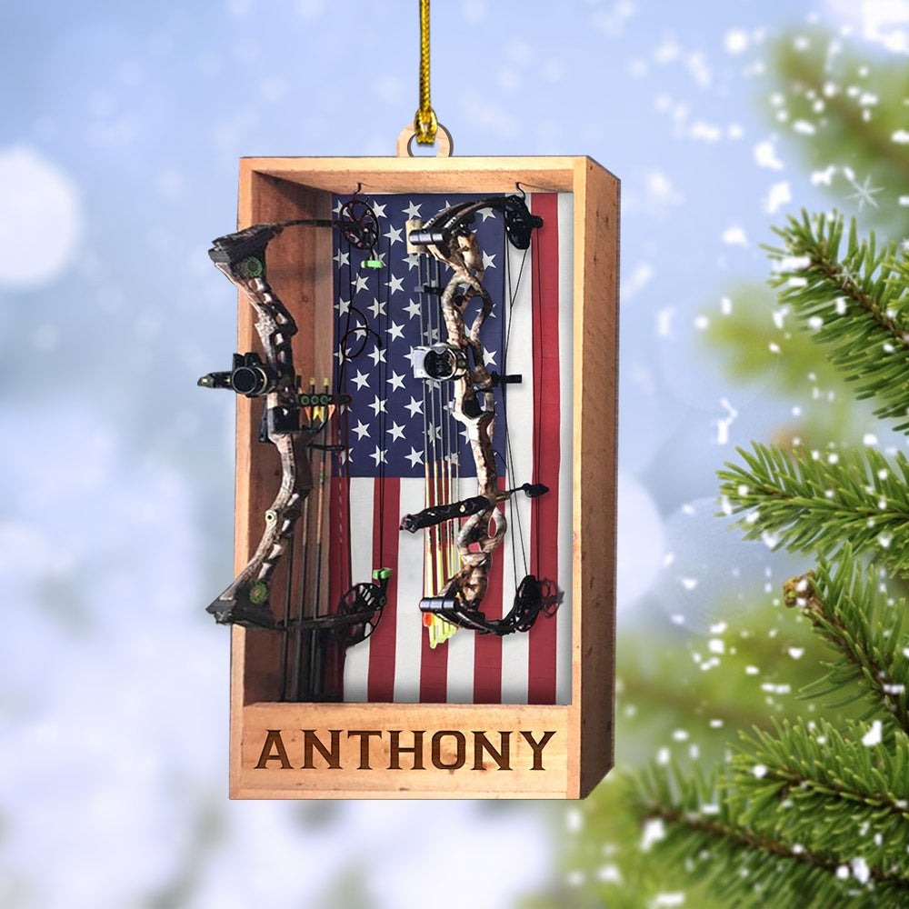 Custom Name Archery Hunting American Flag Ornament Acrylic Hunting Ornament For Hunting Lover, Hunters
