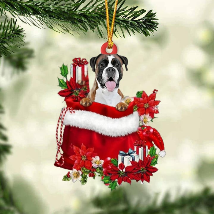 Customized Boxer In Red Gift Bag Acrylic Ornament, Christmas Gift For Dog Lovers, Dog Mom