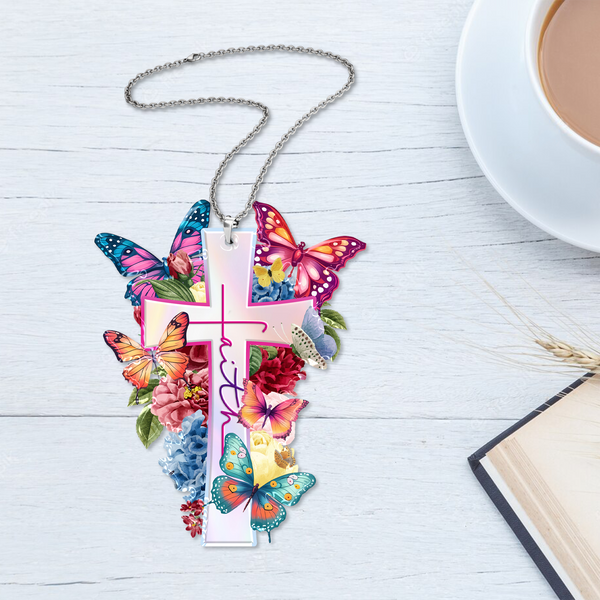 Flowers Faith Cross Butterflies Acrylic Ornament, Perfect Christmas Gift For Family, Friends
