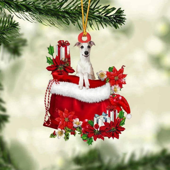 Customized Whippet In Red Gift Bag Acrylic Ornament, Christmas Gift For Dog Lovers, Dog Mom