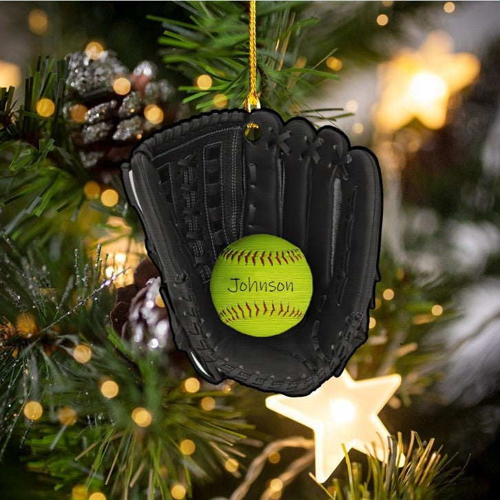 Custom Name Glove And Ball Softball Acrylic Ornament, Custom Christmas Ornament Gift For Softball Players