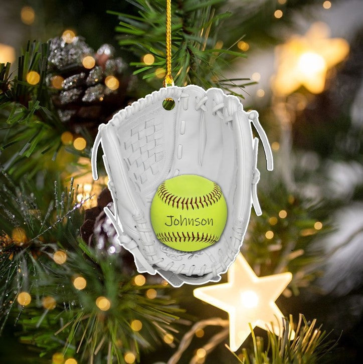 Custom Name Glove And Ball Softball Acrylic Ornament, Custom Christmas Ornament Gift For Softball Players