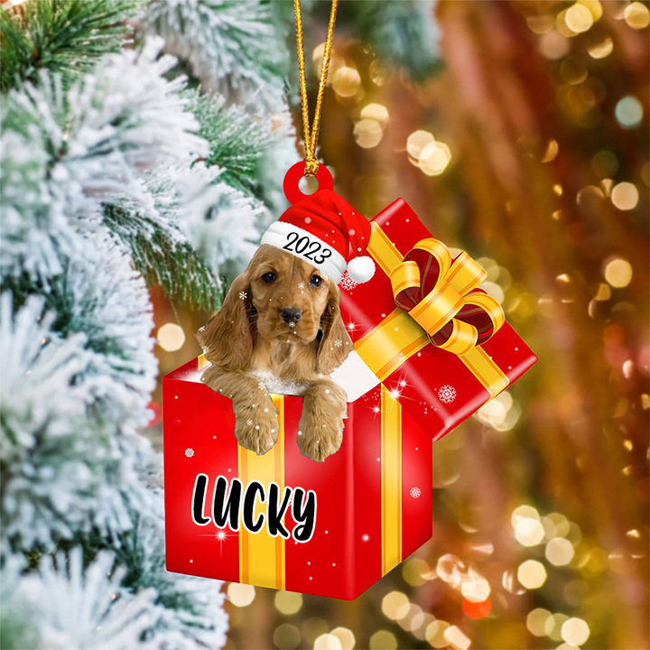 Personalized English Cocker Spaniel In Red Gift Box Acrylic Ornament Christmas Gift Ornament For Dog Lovers, Pet Lovers