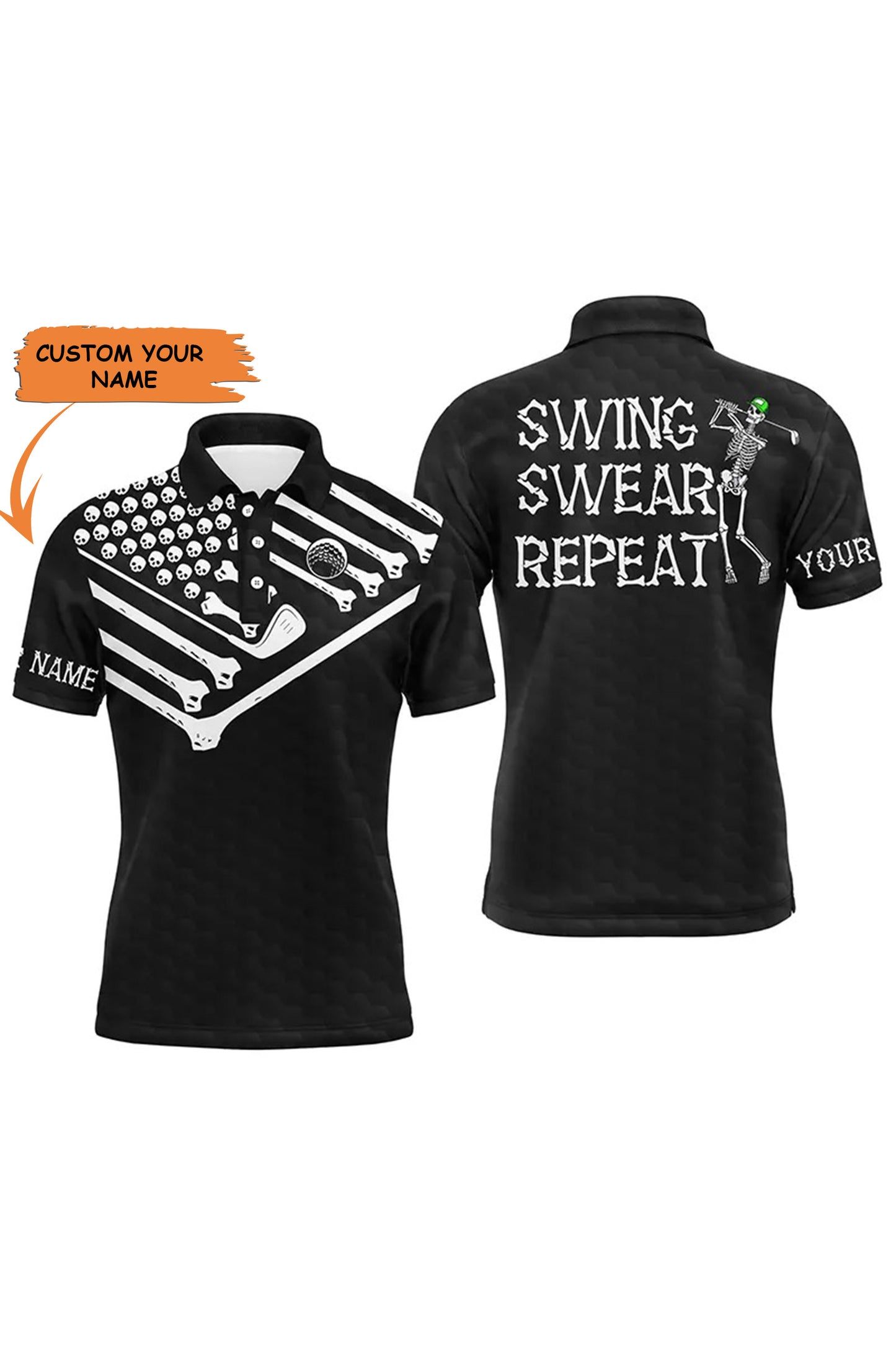 Halloween Golf Men Polo Shirt - Skeleton American Flag Custom Name Black White Apparel - Personalized Gift For Golf Lover, Men - Swing Swear Repeat