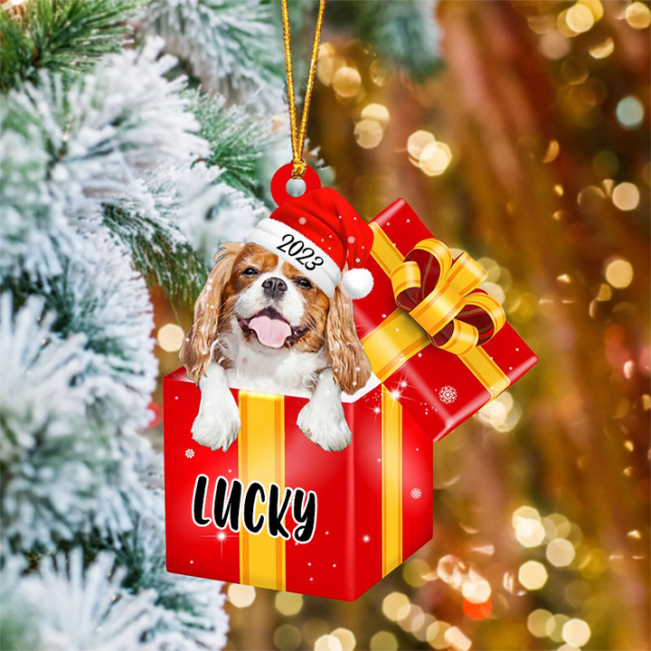 Personalized Cavalier King Charles Spaniel In Red Gift Box Acrylic Ornament, Christmas Gift Ornament For Dog Lovers, Pet Lovers