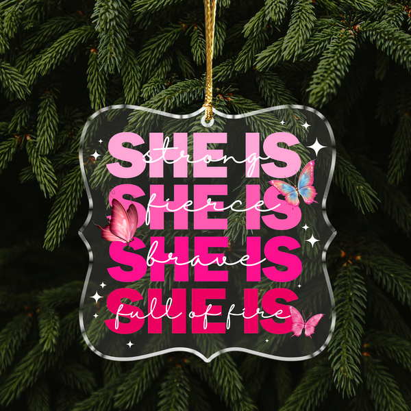 She Is Strong Pink Butterflies Christian Acrylic Ornament, Perfect Christmas Gift For Family, Friends, Holiday Decor