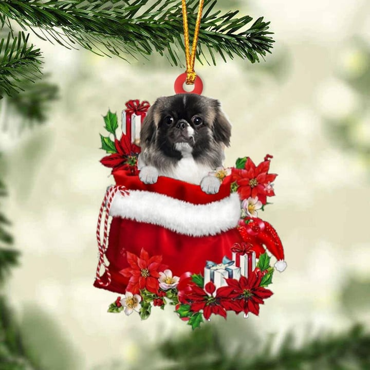 Customized Pekingese In Red Gift Bag Acrylic Ornament, Personalized Christmas Gift For Dog Lovers, Dog Mom