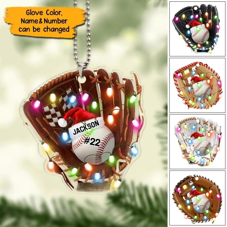 Personalized Christmas Light Baseball Glove Car Hanging Ornament, Baseball Ornament For Son, Grandson