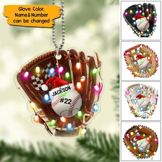 Personalized Christmas Light Baseball Glove Car Hanging Ornament, Baseball Ornament For Son, Grandson