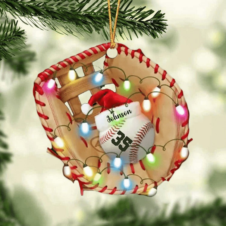 Personalized Christmas Light Baseball Glove Car Hanging Ornament, Baseball Ornament For Son, Grandson