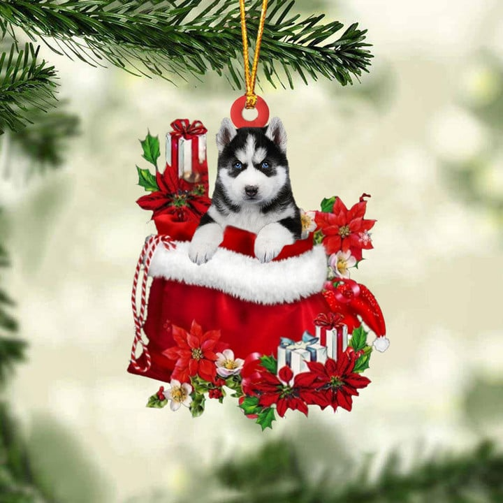 Customized Husky Dog In Red Gift Bag Acrylic Ornament, Christmas Gift For Dog Lovers, Dog Mom