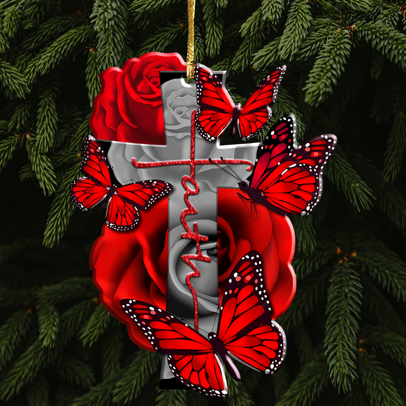 Red Roses Butterflies Faith Cross Acrylic Ornament, Perfect Christmas Gift For Family, Friends, Holiday Decor