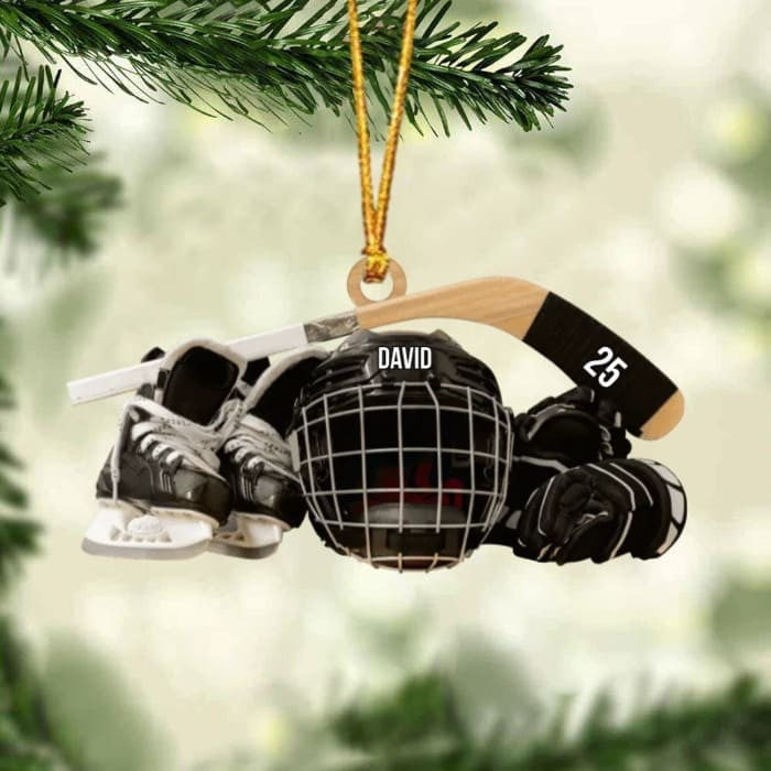 Personalized Hockey Skates Helmet Acrylic Ornament, Custom Christmas Ornament Gifts For Hockey Lovers