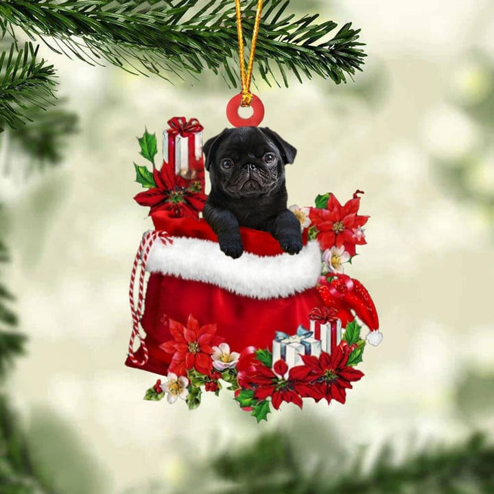 Customized Pug Dog In Red Gift Bag Acrylic Ornament, Personalized Christmas Gift For Dog Lovers, Dog Mom
