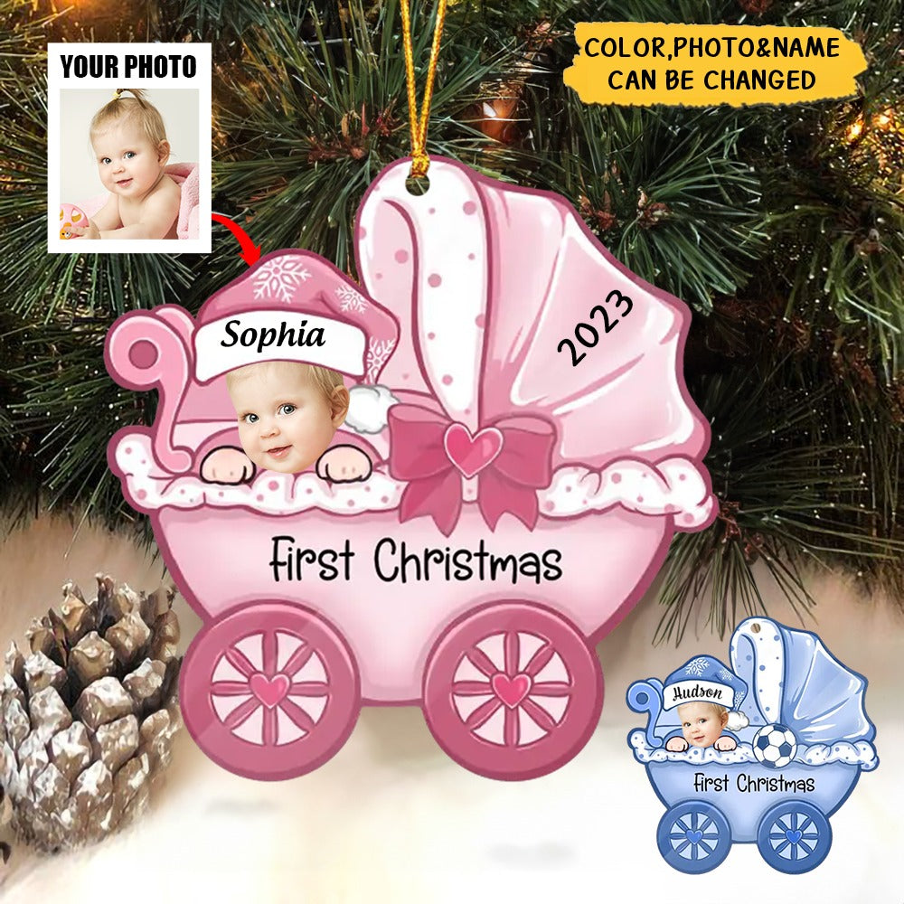 Custom Photo Baby's First Christmas On Carriage Acrylic Ornament, 1st Christmas Ornament Gift For Baby, Mom Dad, Family