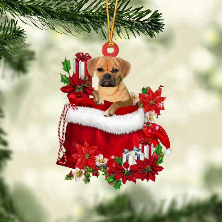 Customized Pug Dog In Red Gift Bag Acrylic Ornament, Personalized Christmas Gift For Dog Lovers, Dog Mom