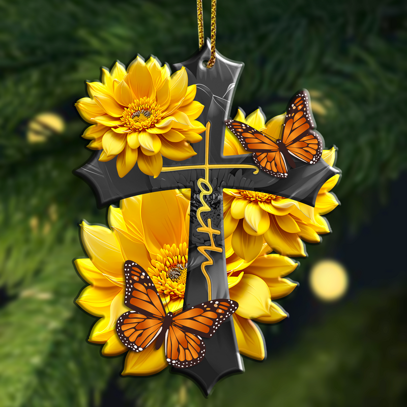 Sunflower Faith Butterfly Christian Cross Faith Acrylic Ornament, Perfect Christmas Gift For Family, Friends, Holiday Decor