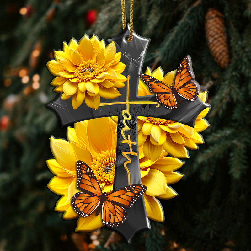 Sunflower Faith Butterfly Christian Cross Faith Acrylic Ornament, Perfect Christmas Gift For Family, Friends, Holiday Decor