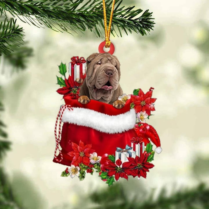 Customized Shar Pei In Red Gift Bag Acrylic Christmas Ornament, Personalized Christmas Gift For Dog Lovers, Dog Mom