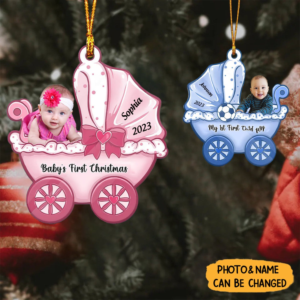 Personalized Baby's First Christmas On Carriage Acrylic Ornament, 1st Christmas Ornament Gift For Baby, Mom Dad, Family