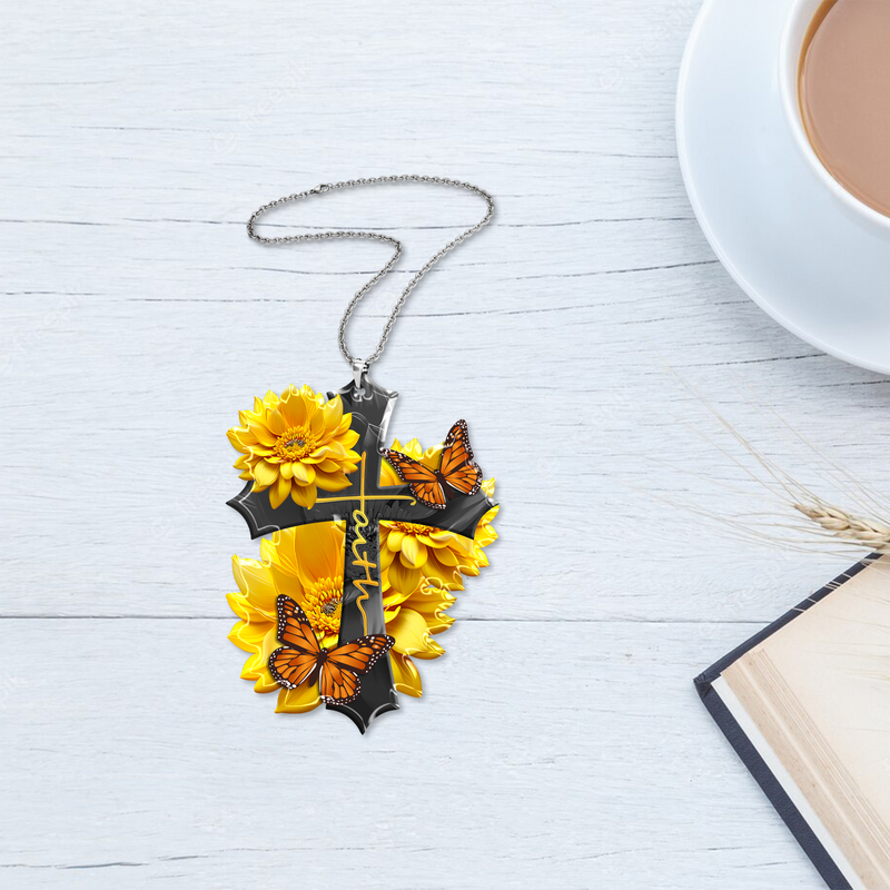 Sunflower Faith Butterfly Christian Cross Faith Acrylic Ornament, Perfect Christmas Gift For Family, Friends, Holiday Decor